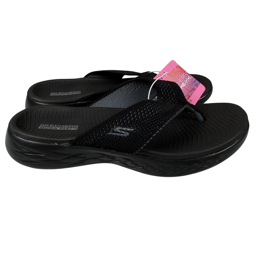 Skechers Womens 6 On-The-Go 600 Sandal Black Sporty Comfort Casual Flip Flop NEW